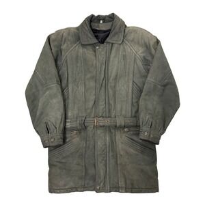 Vintage German Mens Genuine Lamb Leather Belted Parka Jacket Grey Green XL